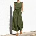 thumbnail image 1 of Dazajoo Cotton Linen Jumpsuit Women Plus Size Cotton Linen Round Neck Sleeveless Wide Leg Long Pants with Pockets Rompers for Women 2024 Summer Dressy Trendy Solid Color Jumpsuit,Green,L, 1 of 9