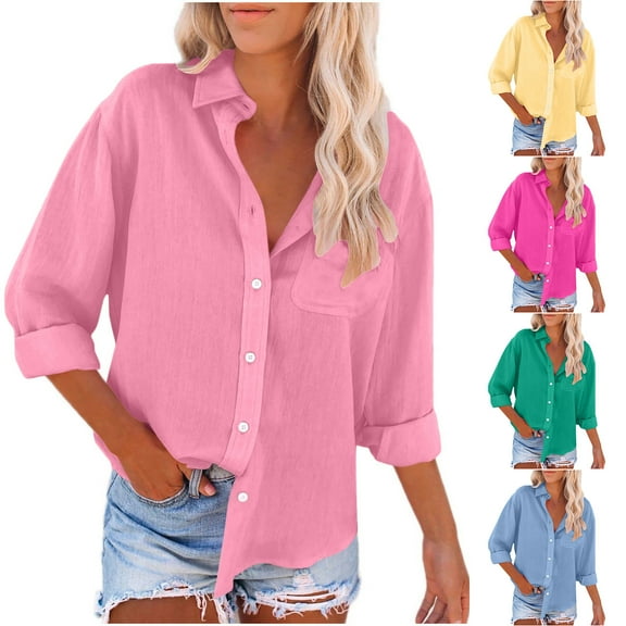 Dazajoo Cotton Linen Long Sleeve Shirts for Women Basic Solid Color Button Down Blouses 2024 Fall Womens Casual Oversized Collar Tops with Pockets,Yellow,S