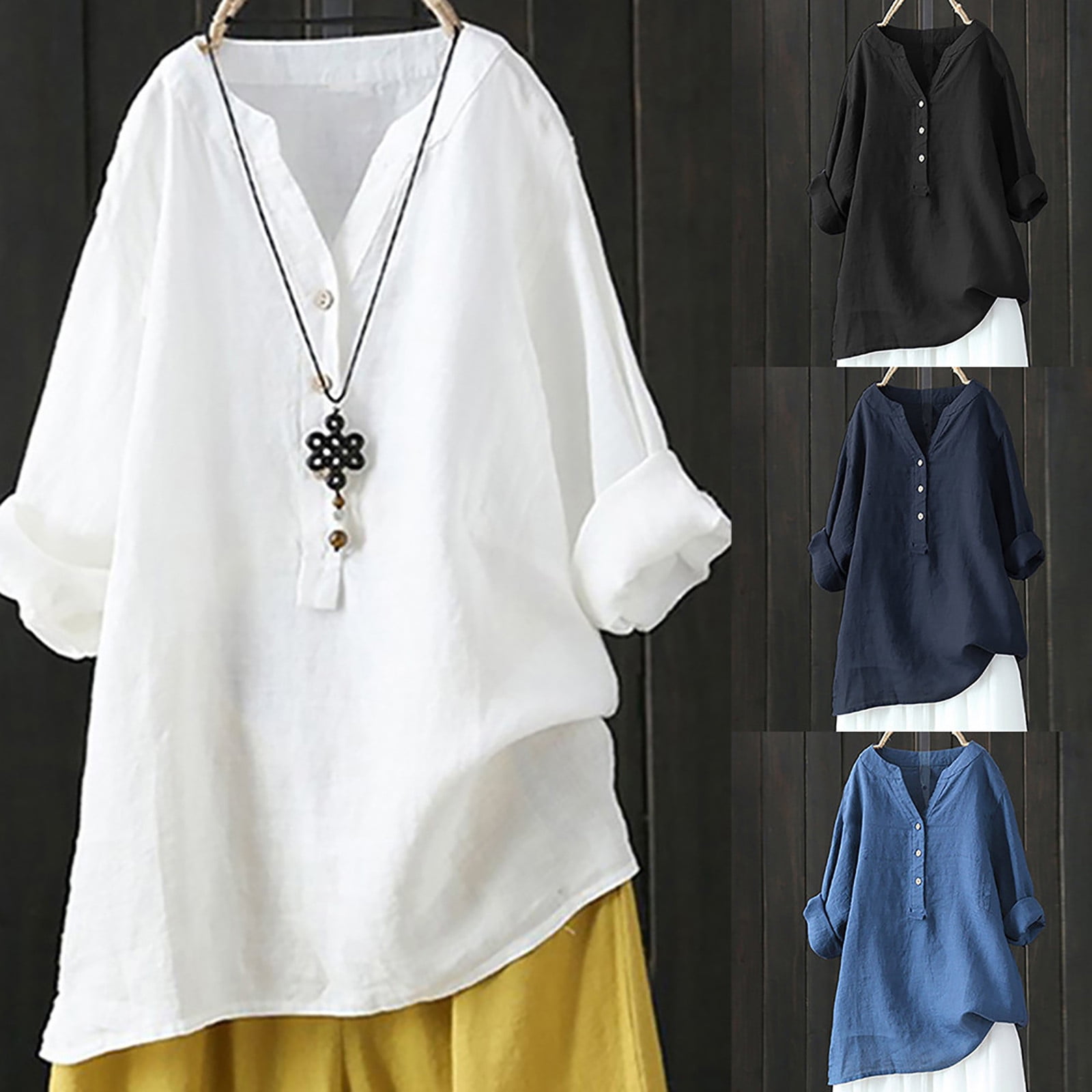 Dazajoo Cotton Linen Long Sleeve Shirts for Women Casual Button V Neck ...