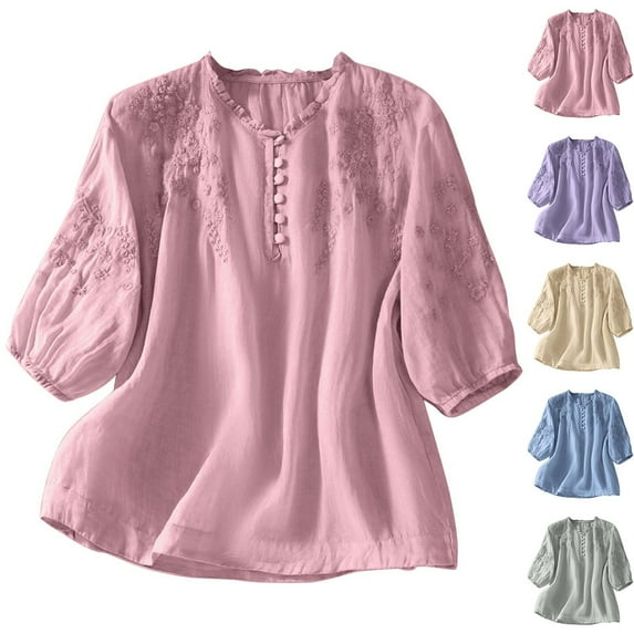 Dazajoo Cotton Linen Peasant Top for Women Casual 3/4 Sleeve V Neck Embroidered Shirts Casual Lightweight Summer Blouses,Light Blue,L
