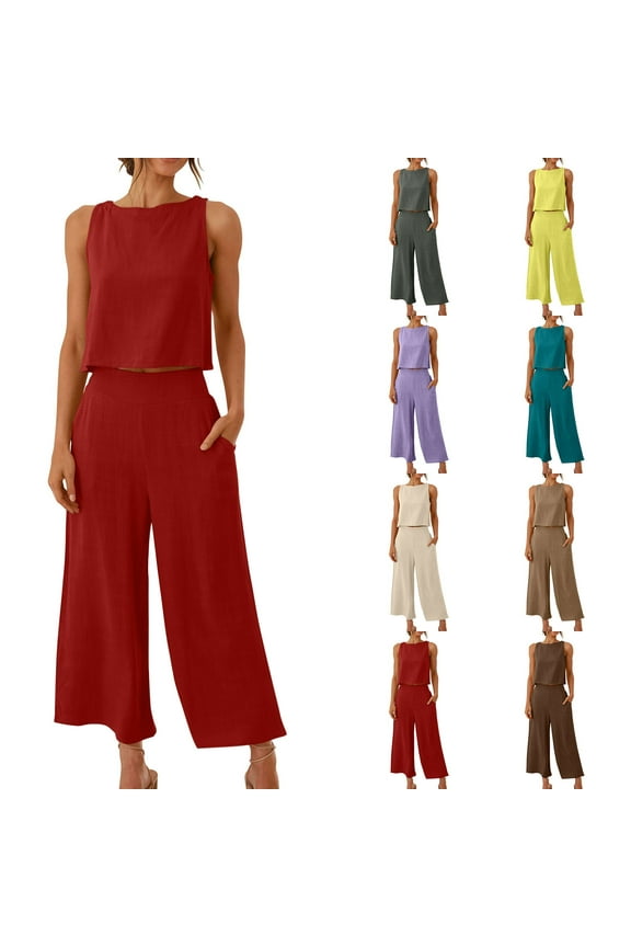 Cotton Linen Sets for Women 2 Piece Plus Size Sleeveless Crop Tanks and Elastic Waist Wide Leg Pants with Pockets Summer Solid Color Loungewear Outfits,Beige,XXXXL