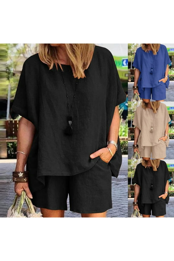 Cotton Linen Sets for Women 2 Piece Short Sleeve Round Neck Tops with Pocket Shorts Casual Solid Color Comfy Lounge Suits,Black,L