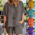 thumbnail image 1 of Dazajoo Cotton Linen Sets for Women 2 Piece Short Sleeve Round Neck Tops with Pocket Shorts Casual Solid Color Comfy Lounge Suits,Gray,L, 1 of 8