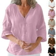 thumbnail image 1 of Dazajoo Cotton Linen Shirt for Old Women Short Sleeve Button Down Blouses Summer Casual Solid Color Round Neck Basic Tops,Gray,XXL, 1 of 7