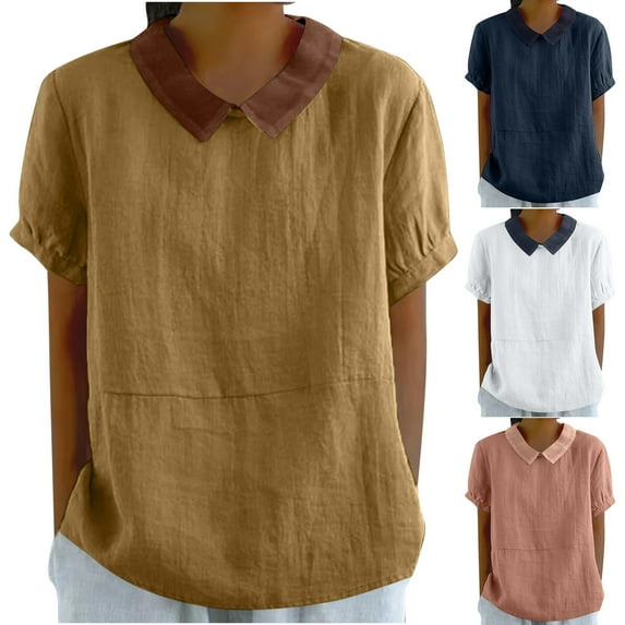 Dazajoo Cotton Linen Short Sleeve Shirt Women Casual Round Neck Solid Color Blouses Loose Lightweight Lapel Collar Tops,Yellow,L