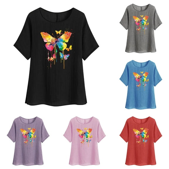 Dazajoo Cotton Linen Short Sleeve Tops for Women Casual Butterfly Print Round Neck Shirts Loose Lightweight Graphic Tees,Purple,M