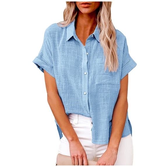 Dazajoo Cotton Linen Short Sleeve Tunic Top for Women 2024 Summer Button Down Lapel V Neck Loose Fit Shirts Womens Casual Plus Size Tees,Light Blue,S