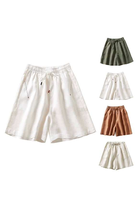 Cotton Linen Shorts for Women Casual Summer Plus Size Elastic Waist Drawstring Shorts 2024 Womens Loose Lightweight Solid Color Shorts with Pockets,Khaki,M