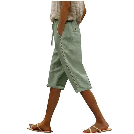Dazajoo Cotton Linen Shorts for Women Loose Fit Lace Trim Wide Leg Button Bermuda Pants with Pockets Dressy Casual Womens Elastic Waist Solid Color Shorts,Green,XXL
