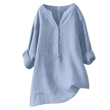 Dazajoo Cotton Linen Tunic Tops for Women Plus Size Long Sleeve Solid Color Shirts 2024 Womens Summer Casual Button V Neck Blouse，Blue，XXXXL