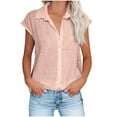 thumbnail image 1 of Dazajoo Cotton Linen Tunics Tops for Women Cap Sleeve Casual Solid Color Shirts Fashion Button Down Lapel V Neck Blouses 2025,Pink,L, 1 of 6