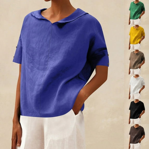 Dazajoo Cotton Linen V Neck Shirts Women Summer Oversized Solid Blouses 2025 Casual Short Sleeve Tees,Black,XXXL