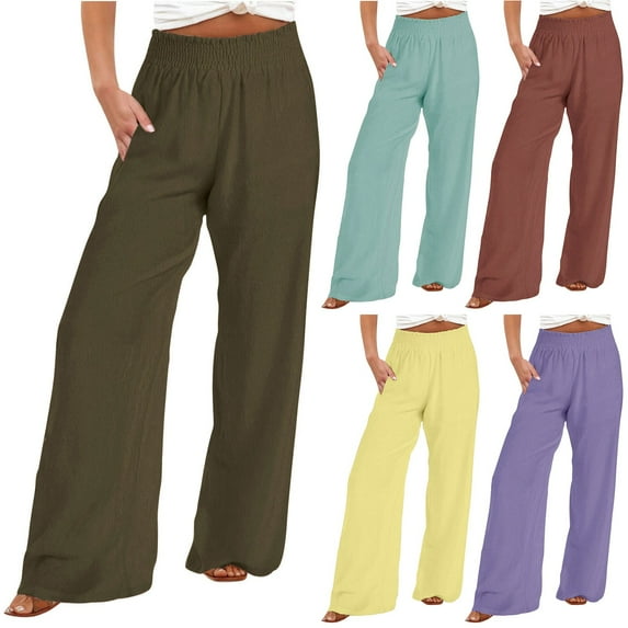 Dazajoo Cotton Linen Wide Leg Pants for Women Plus Size Elastic Waist Casual Solid Color Long Pants 2024 Autumn Women's Comfy Baggy Trousers with Pockets,Brown,S