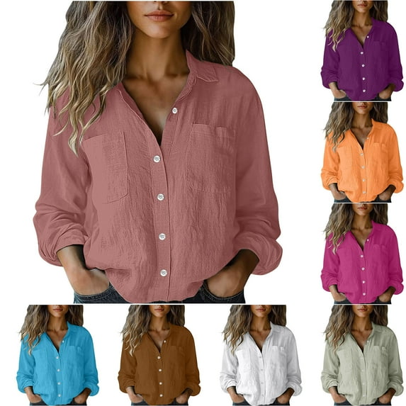 Dazajoo Cotton and Linen Shirts Women Summer Solid Color Long Sleeve Tops with Pockets 2025 Lightweight Casual Button Down Lapel Blouses,Pink,L
