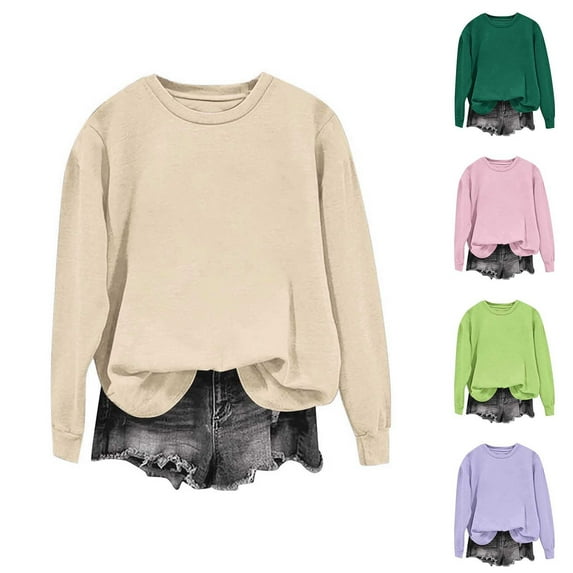 Dazajoo Crewneck Sweatshirts Women Fall Fleece Lined Long Sleeve Pullover Tops Lightweight Loose Solid Sweaters,Pink,XL