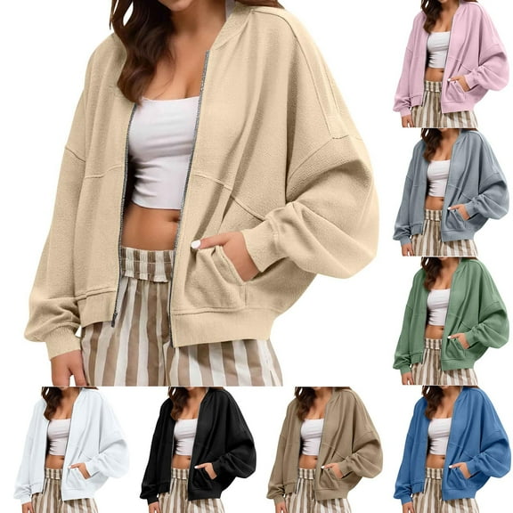 Dazajoo Crewneck Zip Up Sweatshirts Women Long Sleeve Oversized Jackets with Pockets Fall Winter Lightweight Outerwear,Black,L