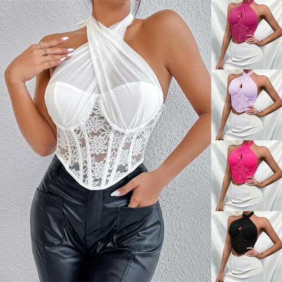 Dazajoo Criss Cross Halter Corset Tops for Women Going Out Open Back No Steel Ring Slim Fit Neck Hanging Solid Color Bustiers 2025 Womens Trendy Sexy Chest Wrapped Shaper,Black,M