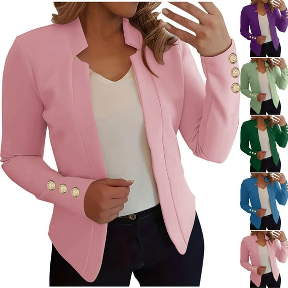 Dazajoo Cropped Long Sleeve Blazers for Women Plus Size Office Work Suit Jacket Cuff Button Solid Color Business Blazer,Pink,XL