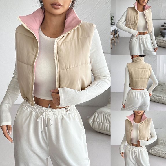 Dazajoo Cropped Puffer Vest Women Zip Up Stand Collar Puffy Jackets Winter Casual Sleeveless Padded Vests,Beige,XL