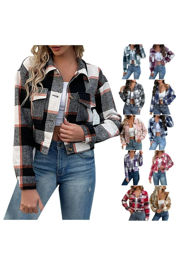 Cropped Shacket for Women Fashion Plaid Shirt Jacket 2024 Fall Long Sleeve Flannel Shirts Womens Casual Button Down Blouse Tops Tartan Jacket with Pocket,Blue,XL