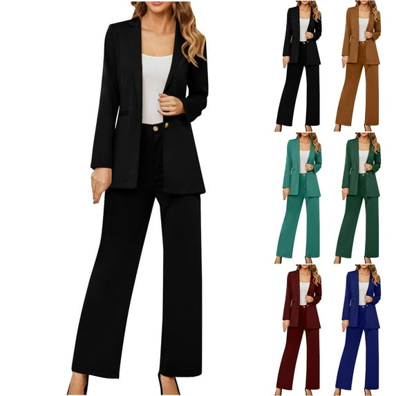 Dazajoo Daily Deals 2 Piece Blazer Outfits for Women Comfy Long Sleeve Lapel Jacket with Wide Leg Pants Suits Solid Color Casual Business Dressy Sets,Blue,S