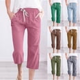 thumbnail image 1 of Dazajoo Capri Pants for Women Casual 2025 Summer Drawstring Elastic High Waist Linen Pant Straight Wide Leg Cropped Trouser with Pockets,Green,M, 1 of 5