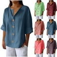 thumbnail image 1 of Dazajoo Women's Linen Shirt Button Down V Neck Solid Dressy Blouse 3/4 Sleeves Casual Loose Fit Tunic Tops Summer T Shirts,Purple,XL, 1 of 7