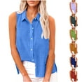 thumbnail image 1 of Dazajoo Womens Plus Size Button Down Tank Cotton Linen Sleeveless Lapel Collar Shirts 2025 Summer Loose Fit Tank Tops,Blue,XXXXL, 1 of 1