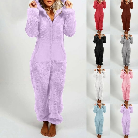 Dazajoo Womens Plush Hooded Jumpsuit Sherpa Fuzzy Pajamas Long Sleeve Solid Color Onesie with Pocket Winter Zip Up Warm Rompers Sleepwear,Purple,XXL