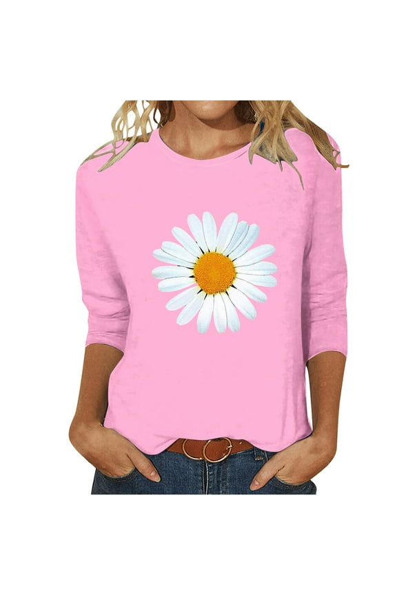 Daisy Shirts for Women 3/4 Sleeve Flower Graphic Tees Going Out Crew Neck T Shirts Womens 2024 Summer Floral Print Blouse Tops,Pink,L