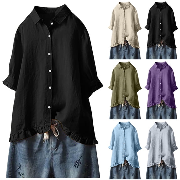 Dazajoo Deals Today Womens 3/4 Sleeve Linen Tops and Blouses Casual Button Down Ruffle Hem Shirts Summer Solid Color Lightweight T-shirt,Beige,M
