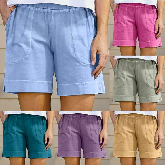 Dazajoo Womens Summer Cotton Shorts Elastic High Waisted Linen Shorts with Pockets Casual Lightweight Solid Color Beach Shorts,Purple,L