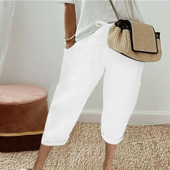Dazajoo Drawstring Capris for Women with Pockets Summer Cotton Linen Elastic Waist Pants 2025 Womens Relaxed Fit Solid Color Capris,White,M