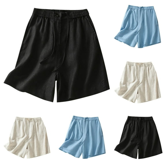 Dazajoo Drawstring Linen Shorts for Women Solid Color Knee Length Short Pants with Pockets 2025 Summer Casual Elastic Waist Shorts,Beige,M
