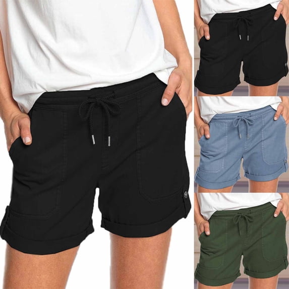 Dazajoo Drawstring Shorts for Women Loose Fit Casual Elastic Waist Shorts with Pockets 2024 Summer Women's Solid Color Wide Leg Shorts,Blue,M