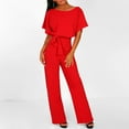 thumbnail image 1 of Dazajoo Dressy Jumpsuit for Women Short Sleeve Round Neck Playsuit Solid Color Straight Leg Rompers with Belt Lightning Deals of Today Red XXL, 1 of 9