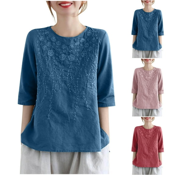 Dazajoo Embroidered Blouses for Women Cotton Linen Half Sleeve Shirts Casual Summer Round Neck Floral Tops,Blue,XXL