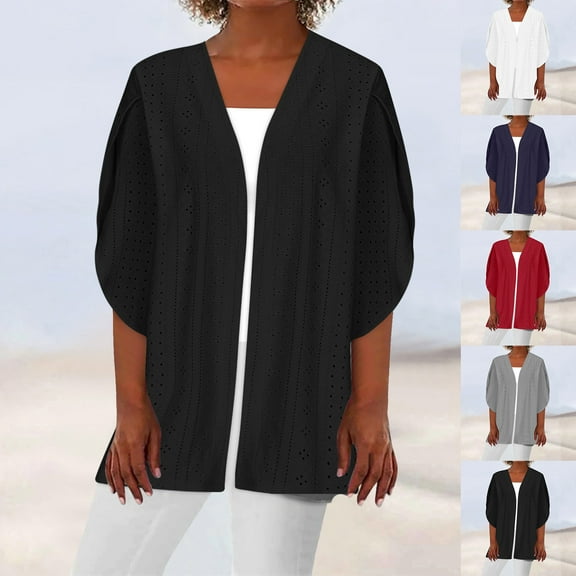 Dazajoo Eyelet Cardigan for Women Casual 3/4 Sleeve Open Front Summer Lightweight Cardigans 2024 Womens Basic Solid Color Loose Fit Draped Duster,Black,S
