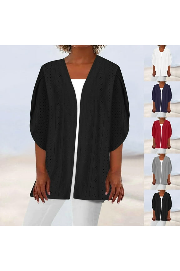 Eyelet Cardigan for Women Casual 3/4 Sleeve Open Front Summer Lightweight Cardigans 2024 Womens Basic Solid Color Loose Fit Draped Duster,Purple,S