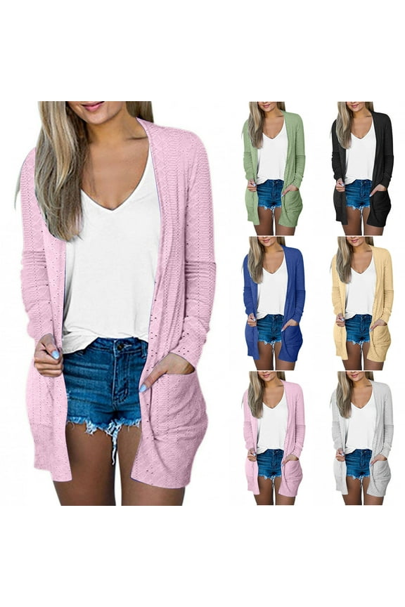 Eyelet Cardigans for Women Lightweight Solid Color Long Sleeve Duster Cardigan 2024 Fall Womens Casual Draped Shoulder Open Front Cover Up with Pockets,Yellow,M