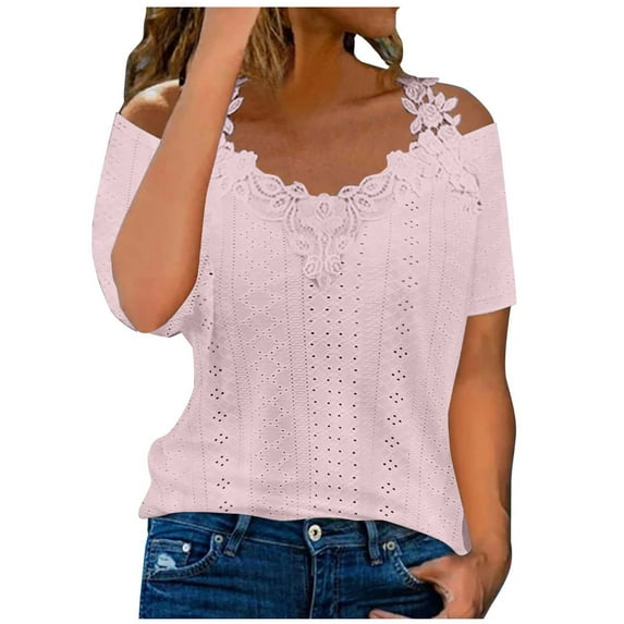 Dazajoo Eyelet Cold Shoulder Tops for Women 2024 Summer Solid Color Lace Patchwork Dressy Casual Blouses Womens Loose Fit Short Sleeve V Neck Shirts,Pink,XXL