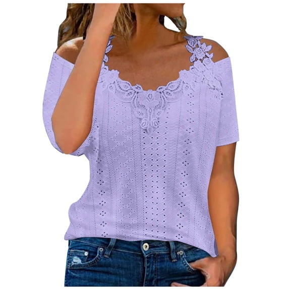 Dazajoo Eyelet Cold Shoulder Tops for Women 2024 Summer Solid Color Lace Patchwork Dressy Casual Blouses Womens Loose Fit Short Sleeve V Neck Shirts,Purple,XXL