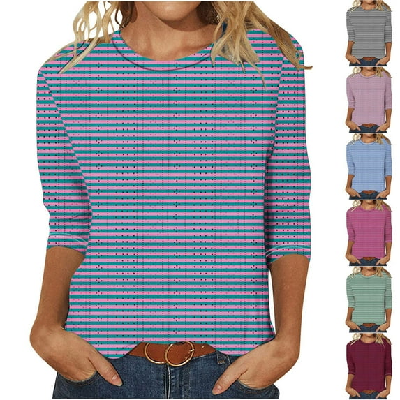 Dazajoo Eyelet Embroidery Tops for Women Striped Color Block 3/4 Sleeve Blouses 2025 Dressy Lightweight Crew Neck Casual Loose Shirts,Hot Pink,XXL