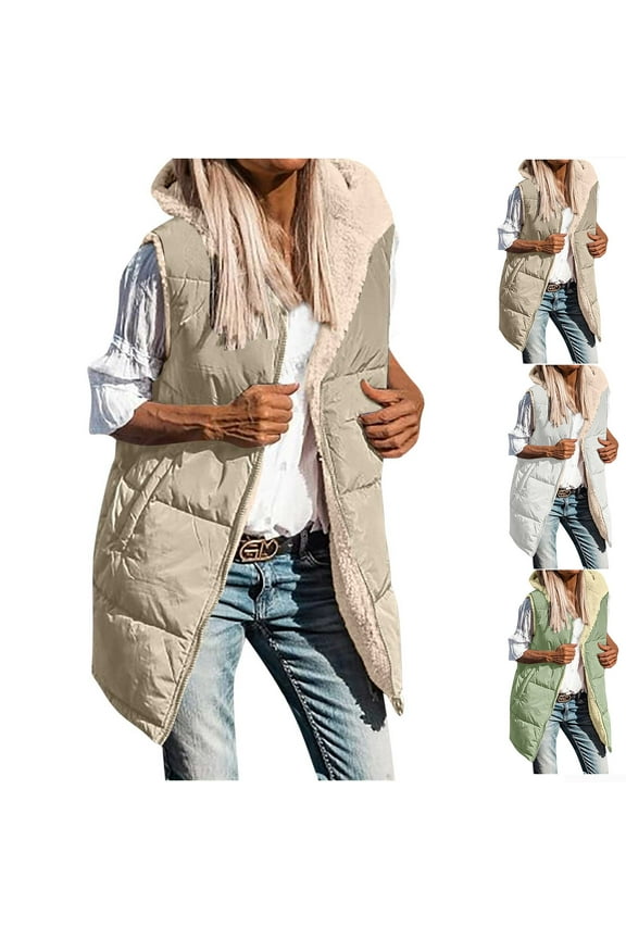 Fall Long Puffer Vest Women Sleeveless Hooded Reversible Fleece Sherpa Jacket Zip Up Winter Coat with Pockets,White,M