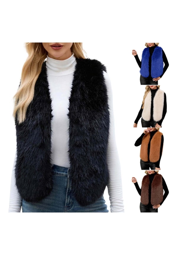 Faux Fur Vest Women Furry Open Front Sleeveless Cropped Cardigan Winter Casual V Neck Jackets,Blue,L