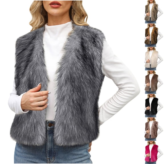 Dazajoo Faux Fur Vest Women Warm Shaggy Fuzzy Fleece Jacket Casual Sleeveless Open Front Winter Coats,Gray,XL