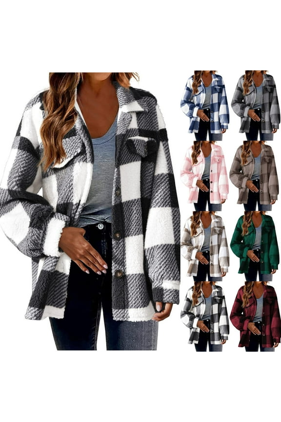 Flannel Shacket Women Casual Button Down Plaid Shirt Jacket Oversized Fleece Lined Shackets,Black,XXXL