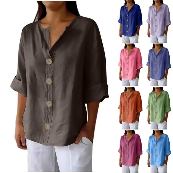 Dazajoo 3/4 Length Roll Up Sleeve Womens Tops Cotton Linen Solid Color Henley Shirts Casual Button Down Blouses,Hot Pink,M