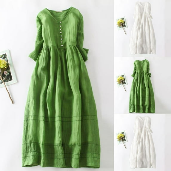 Dazajoo Cotton Linen Summer Dresses for Women 2025 Vacation Beach Long Dress Half Sleeve Casual Solid Color Flowy Dresses,Green,M