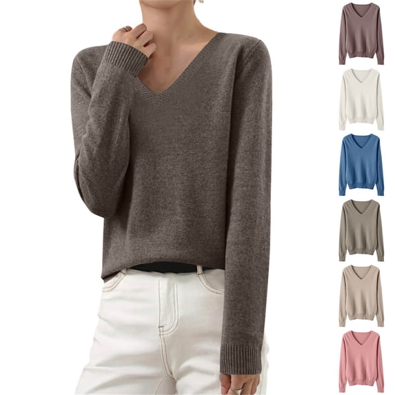 Dazajoo Womens V Neck Sweaters 2025 Basic Solid Color Long Sleeve Wool Pullover Tops Spring Soft Lightweight Knit Sweater,Pink,L